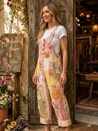Women's Retro Style Art Print Washed Cotton Denim Patchwork Jumpsuit