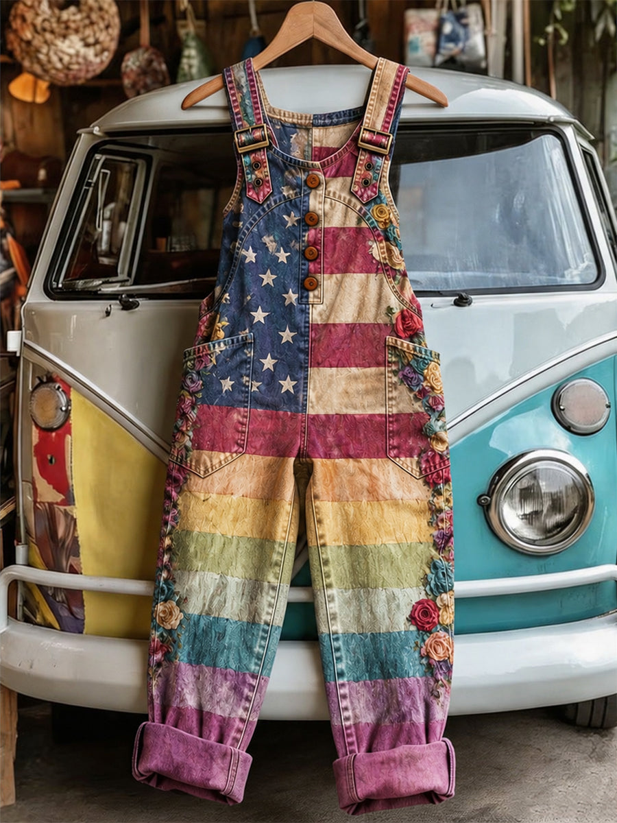 Women's Retro Style Art Print Washed Cotton Denim Patchwork Jumpsuit
