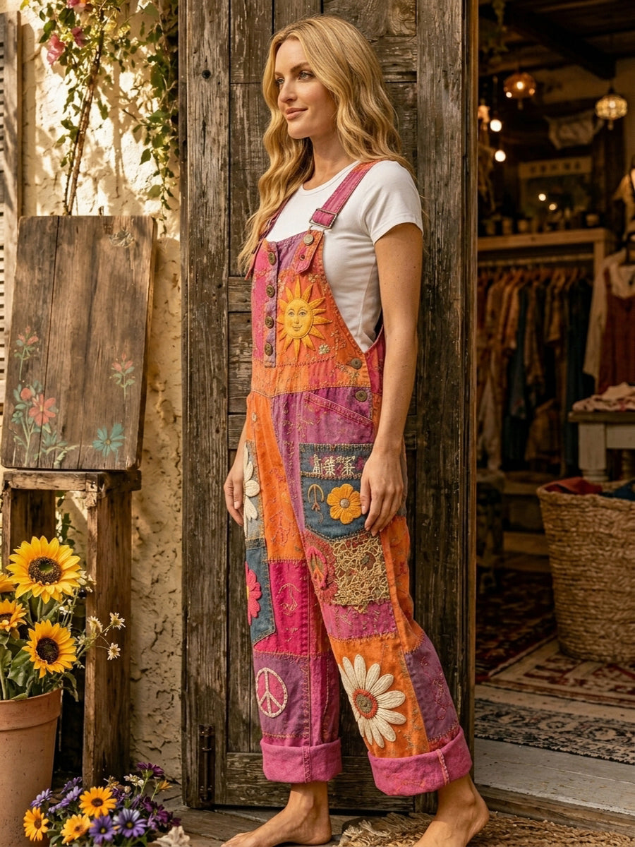 Women's Retro Style Art Print Washed Cotton Denim Patchwork Jumpsuit