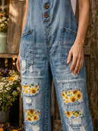 Women's Retro Style Art Print Washed Cotton Denim Patchwork Jumpsuit