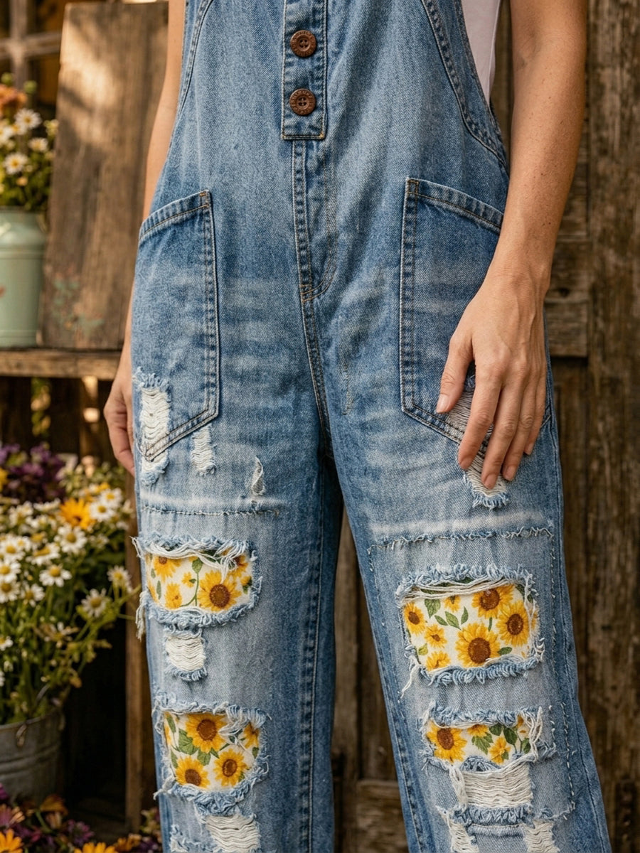Women's Retro Style Art Print Washed Cotton Denim Patchwork Jumpsuit
