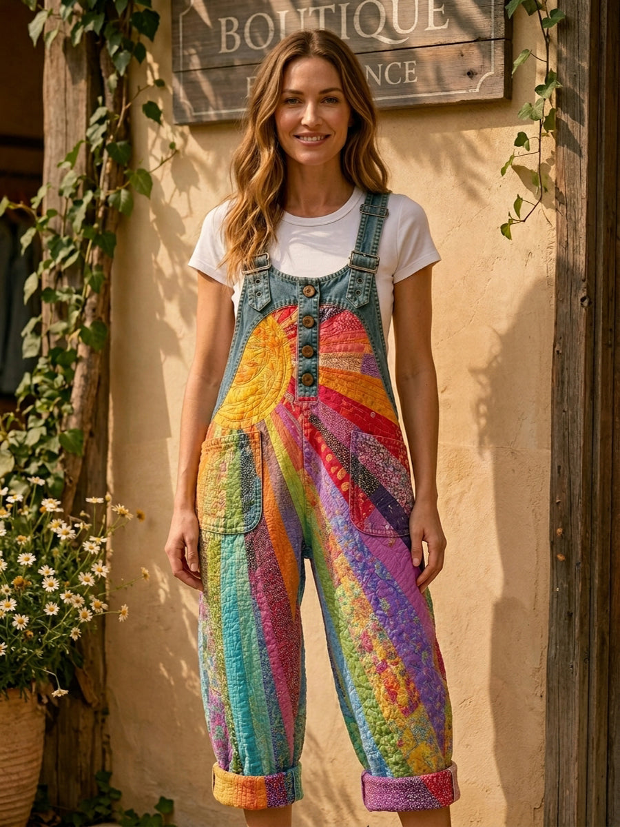 Women's Retro Style Art Print Washed Cotton Denim Patchwork Jumpsuit