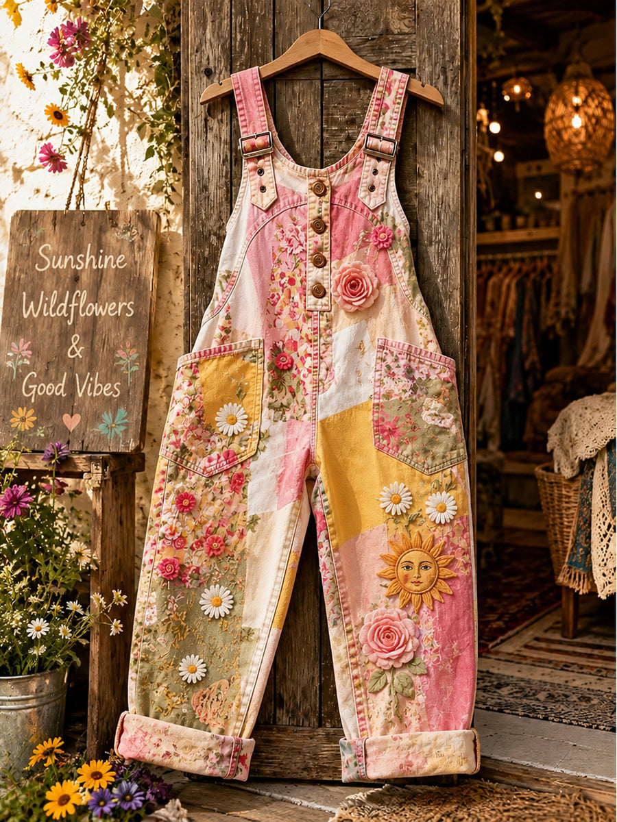 Women's Retro Style Art Print Washed Cotton Denim Patchwork Jumpsuit