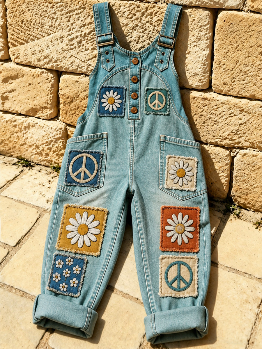 Women's Retro Style Print Washed Cotton Denim Patchwork Jumpsuit
