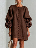 Chocolate Brown Floral Button-down Mini Dress With Striking Floral Cuffs