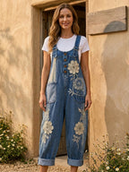 Women's Retro Style Art Print Washed Cotton Denim Patchwork Jumpsuit