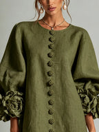 Olive Floral Button-down Mini Dress With Striking Floral Cuffs