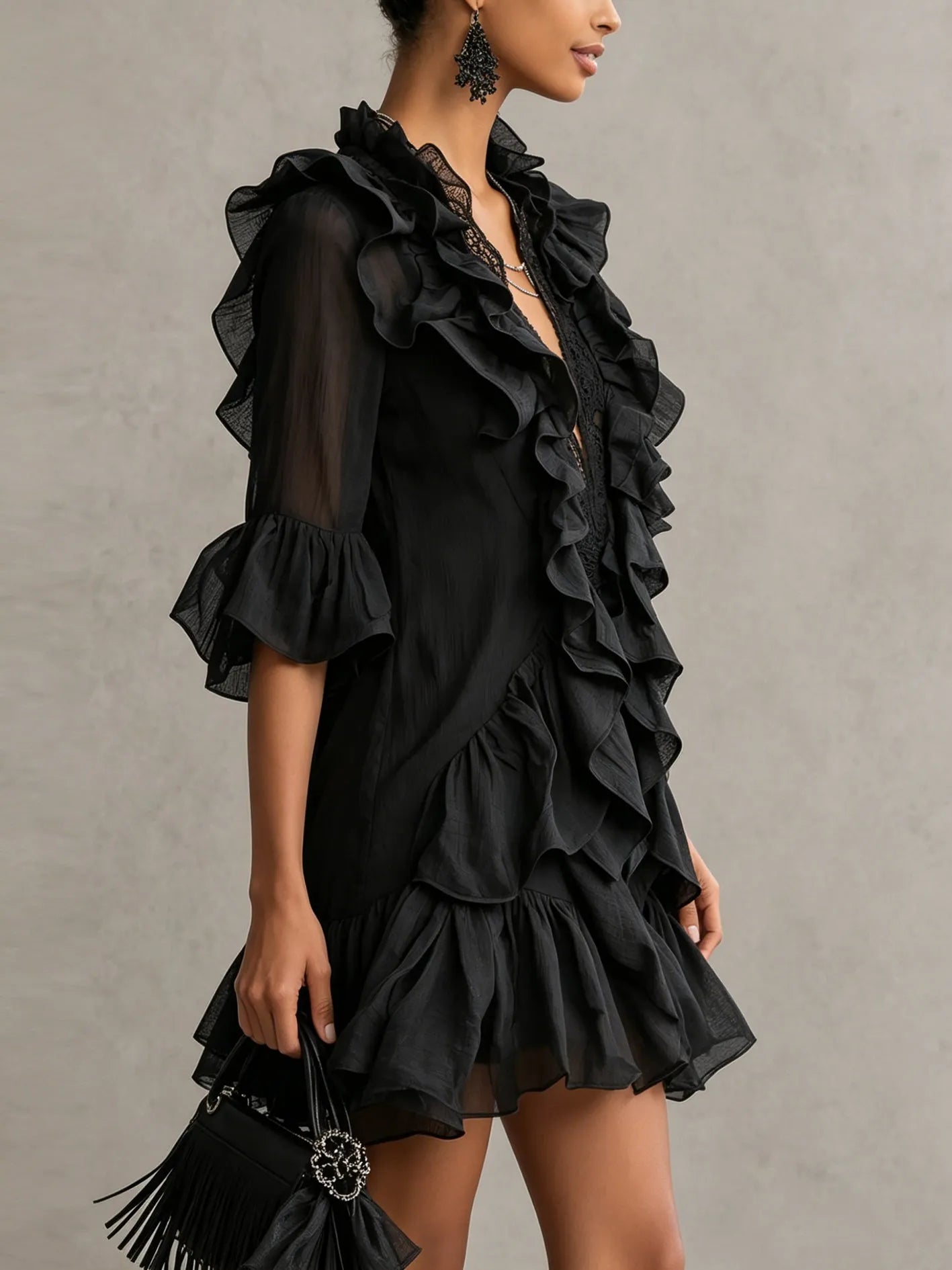 Black Ruffled Chiffon Lace Mini Dress