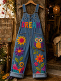 Women's Retro Art Print Denim Patchwork Jumpsuit