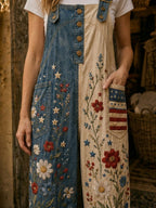 Women's Retro Style Art Print Denim Patchwork Jumpsuit