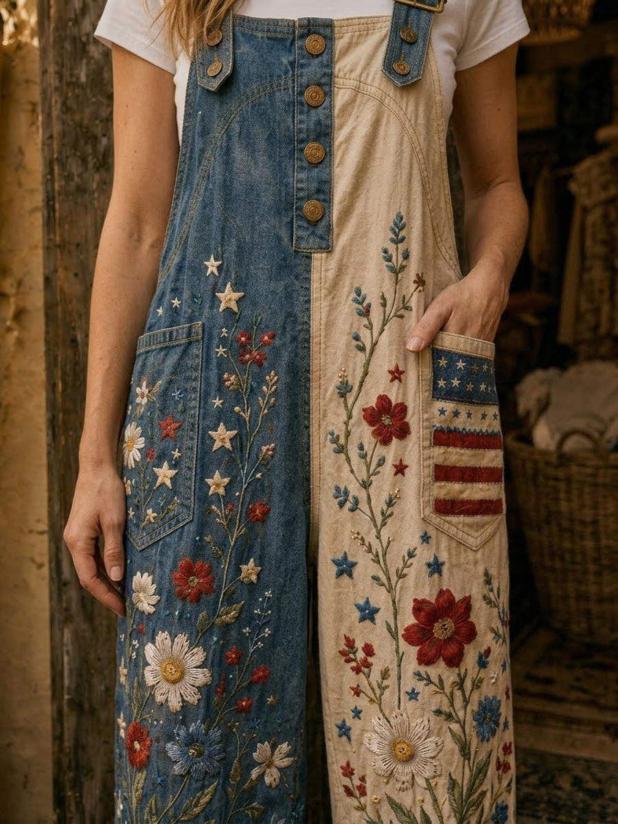 Women's Retro Style Art Print Denim Patchwork Jumpsuit