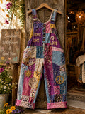 Women's Retro Style Art Print Washed Cotton Denim Patchwork Jumpsuit