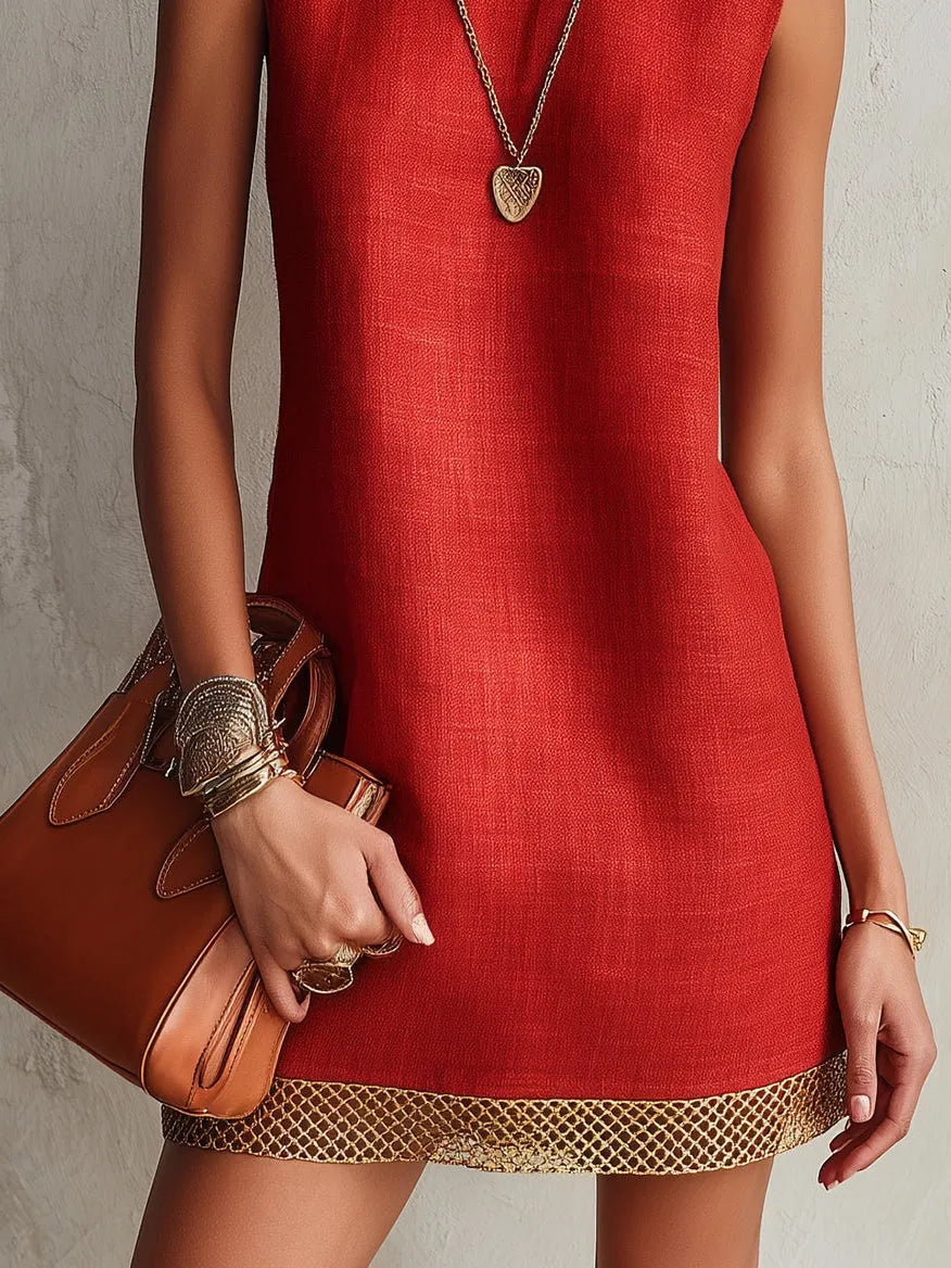 Red Sleeveless Mini Dress With Gold Trim Hem