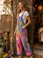 Women's Retro Style Art Print Washed Cotton Denim Patchwork Jumpsuit