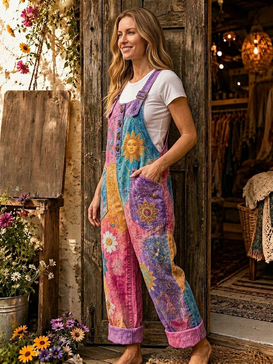 Women's Retro Style Art Print Washed Cotton Denim Patchwork Jumpsuit