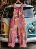 Women's Retro Style Art Print Washed Cotton Denim Patchwork Jumpsuit