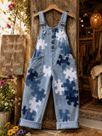 Women's Retro Style Art Print Washed Cotton Denim Patchwork Jumpsuit