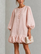 Pink Floral Button-Front Ruffled Puff-Sleeve Mini Dress