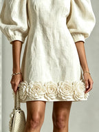 White 3D Floral Puff-Sleeve Cotton-Linen Mini Dress