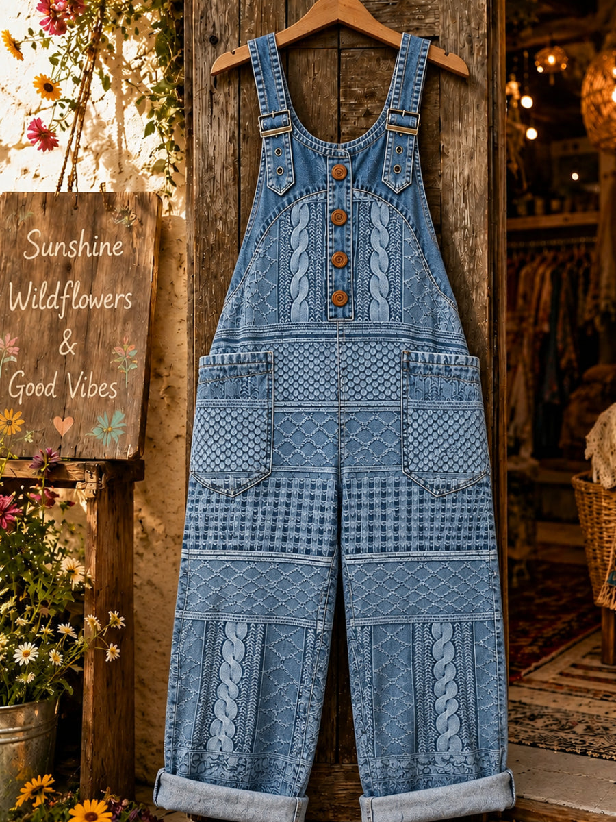 Women's Retro Art Print Denim Patchwork Jumpsuit