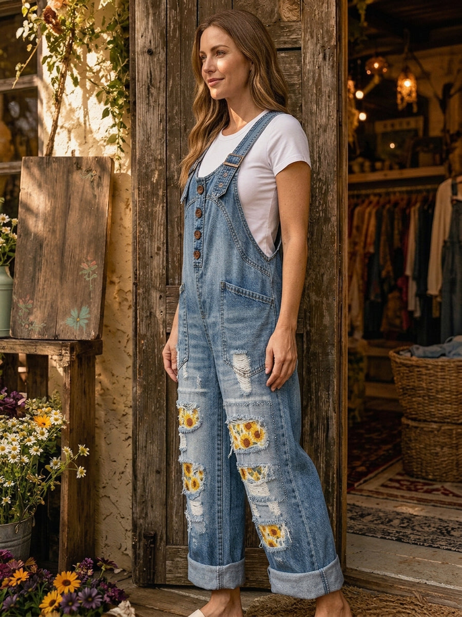 Women's Retro Style Art Print Washed Cotton Denim Patchwork Jumpsuit