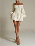 White off-shoulder ruched smocked-waist mini dress