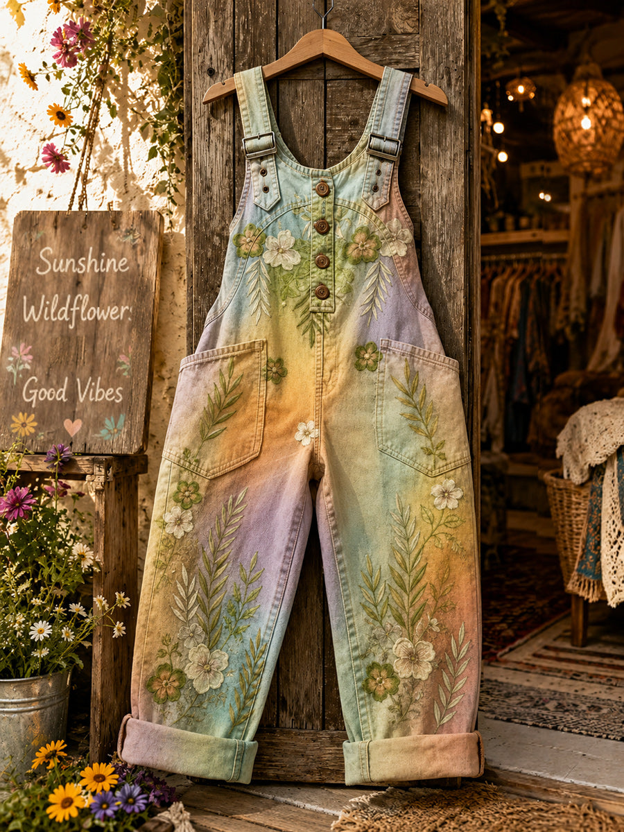 Women's Retro Style Art Print Washed Cotton Denim Patchwork Jumpsuit