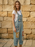Women's Retro Style Print Washed Cotton Denim Patchwork Jumpsuit