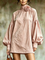 Pink 3D floral high-neck lantern-sleeve mini dress