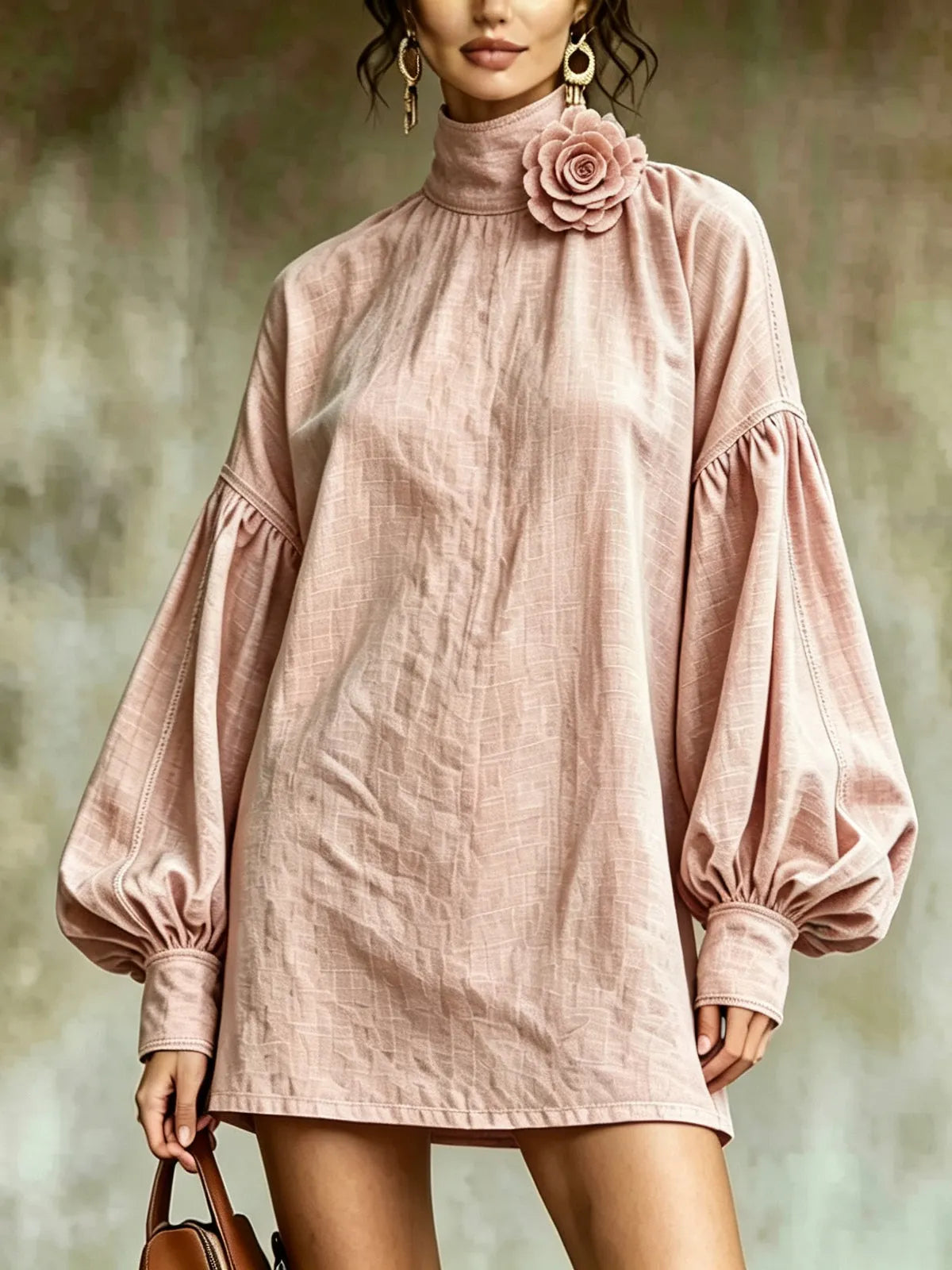 Pink 3D floral high-neck lantern-sleeve mini dress