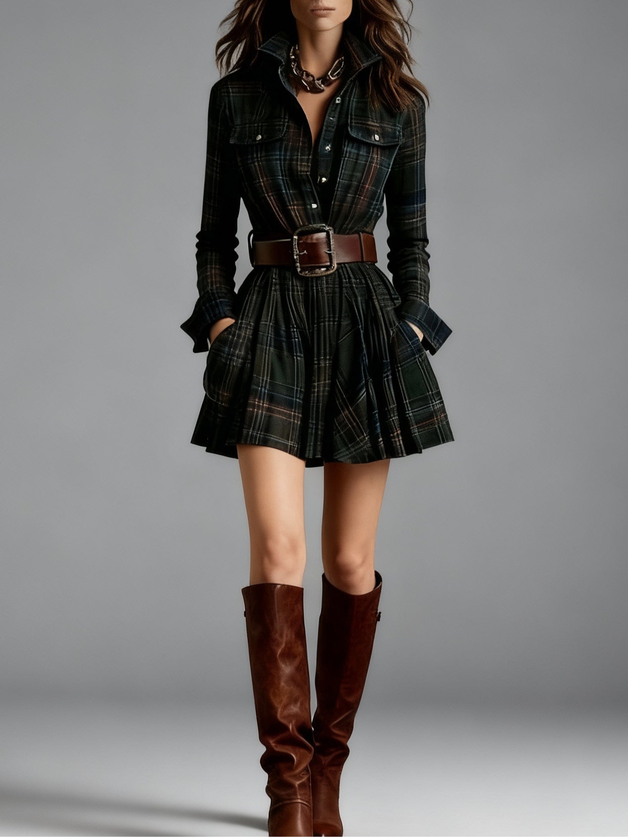 Vintage Lapel Red and Brown Plaid Mini Dress(Includes belt)