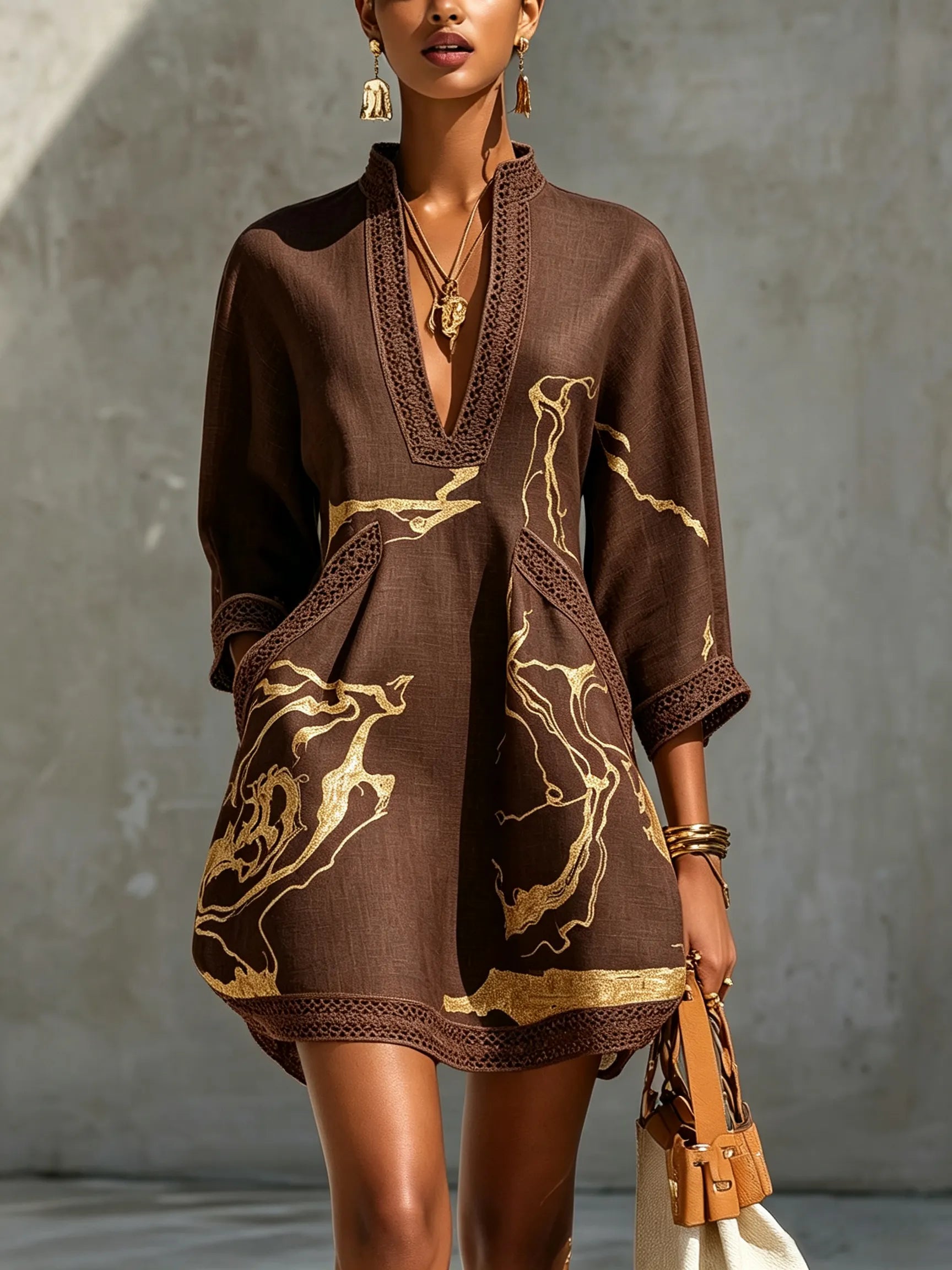 Black Gold Printed V-neck Crochet Lace Mini Dress