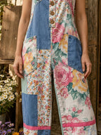 Women's Retro Style Art Print Washed Cotton Denim Patchwork Jumpsuit