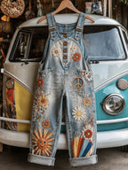 Women's Retro Style Art Print Washed Cotton Denim Patchwork Jumpsuit