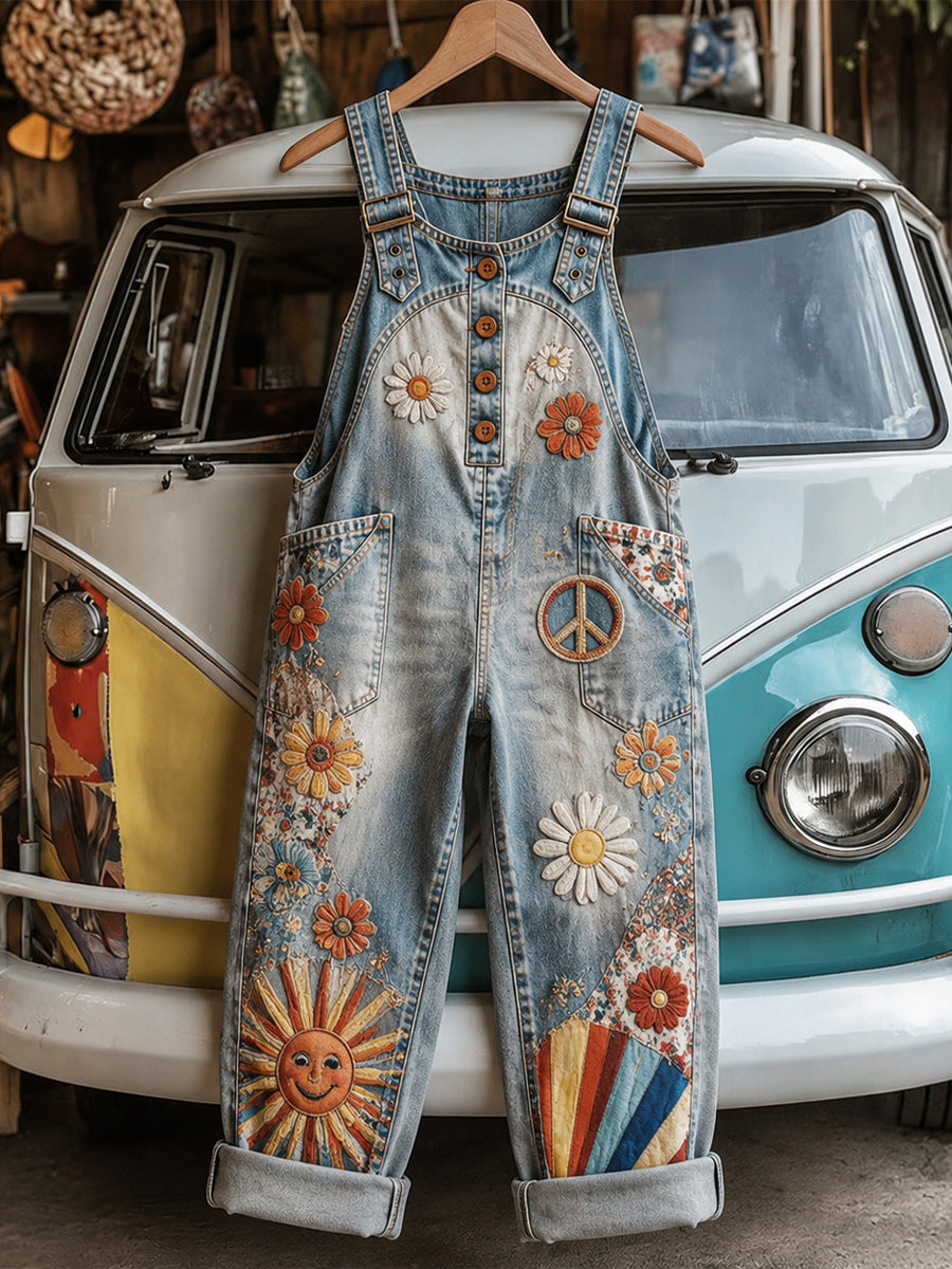 Women's Retro Style Art Print Washed Cotton Denim Patchwork Jumpsuit