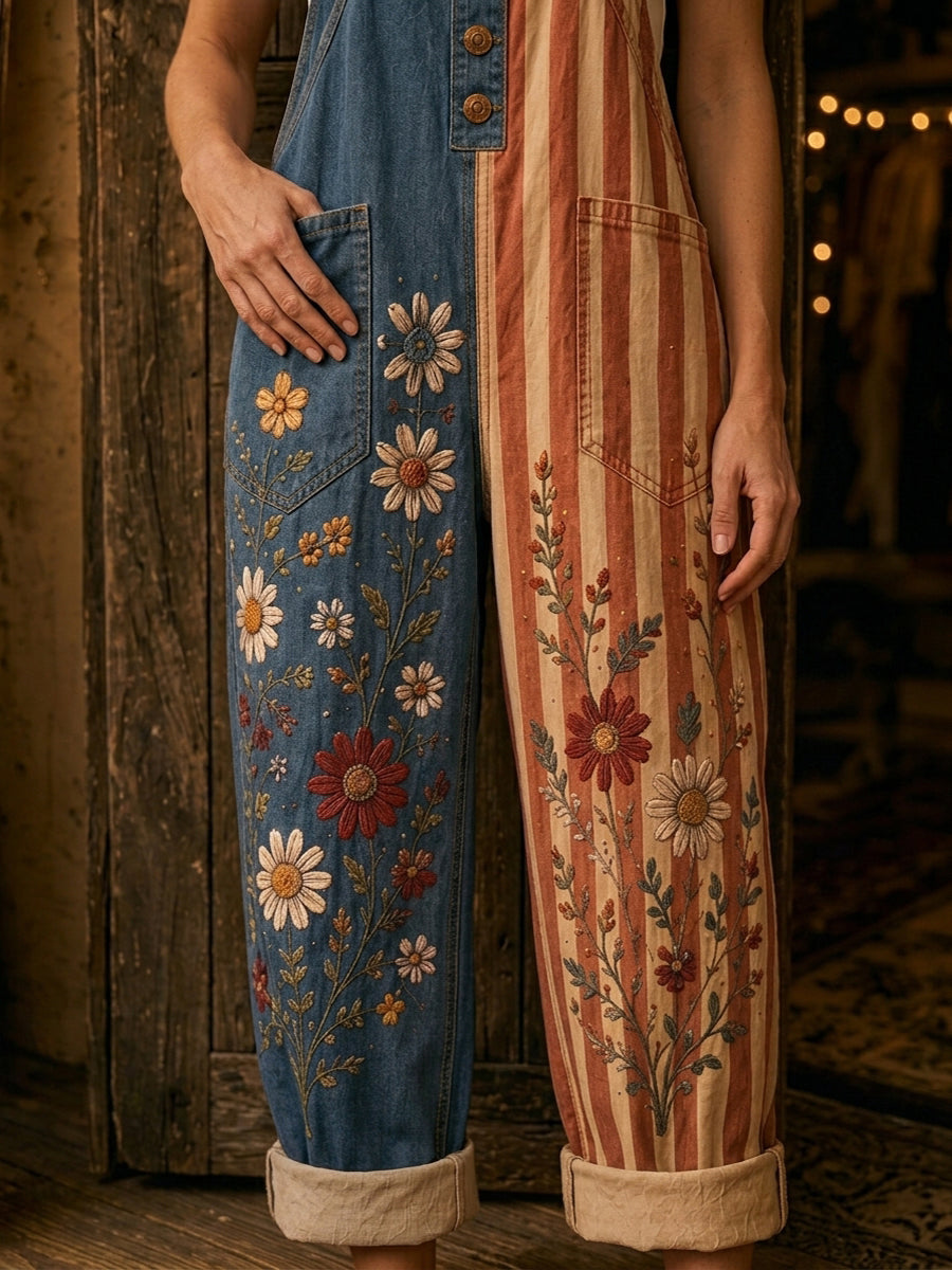Women's Retro Style Art Print Denim Patchwork Jumpsuit