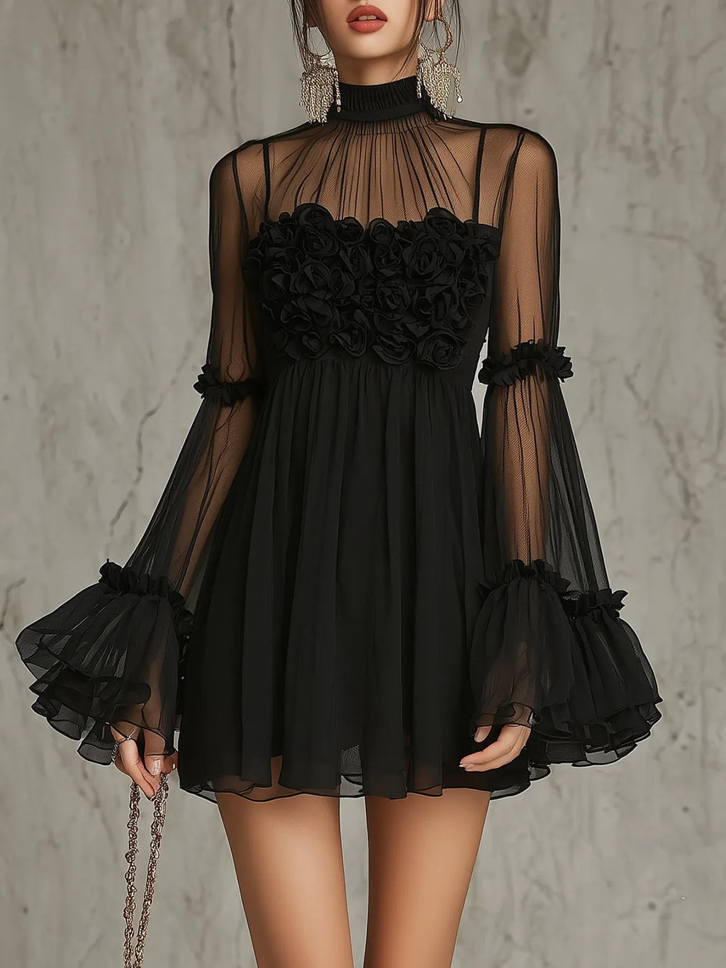 Black Sheer Floral Appliqué High Neck Pleated Chiffon Mini Dress
