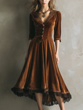 Vintage Three-Quarter Sleeves Lace Velvet Midi Dress