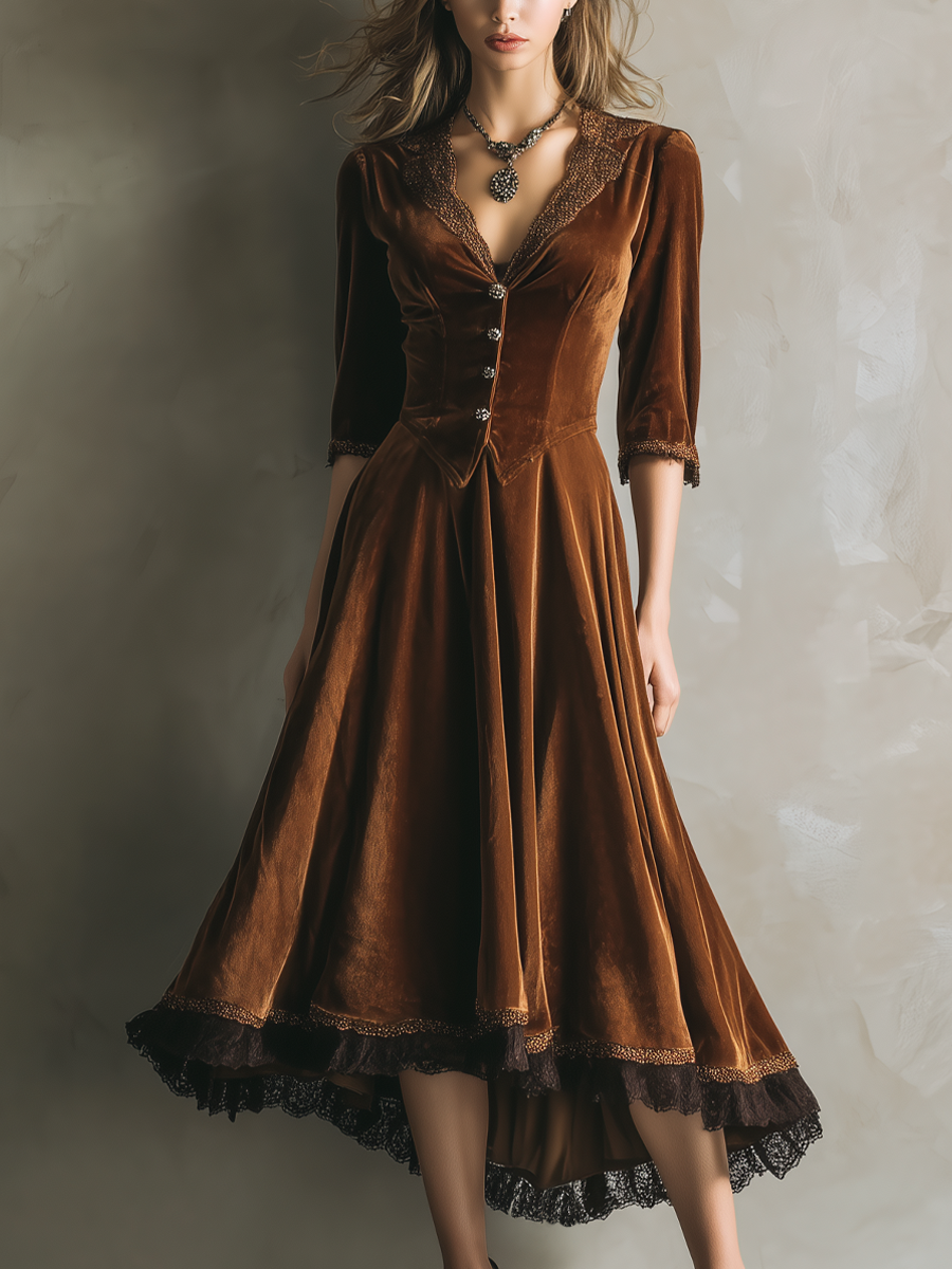 Vintage Three-Quarter Sleeves Lace Velvet Midi Dress