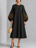 Black Gold Floral Print Button-Front Lantern-Sleeve Midi Dress