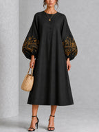 Black Gold Floral Print Button-Front Lantern-Sleeve Midi Dress