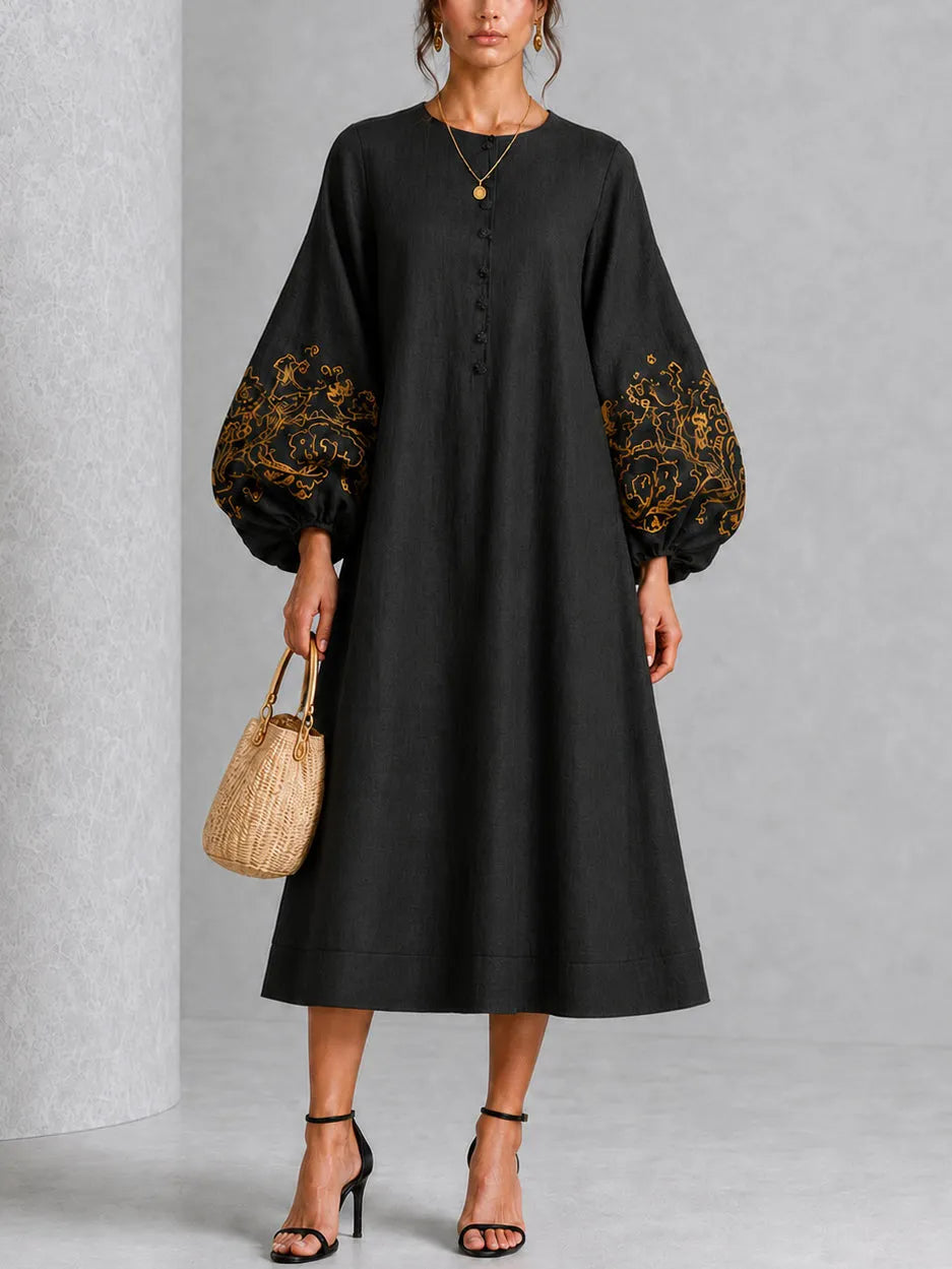 Black Gold Floral Print Button-Front Lantern-Sleeve Midi Dress