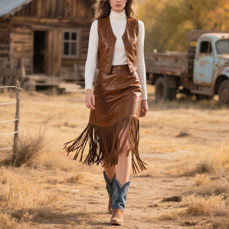 Women's Country Bohemian Leather Fringe Skirt