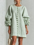 Sage Mist Floral Button-down Mini Dress With Striking Floral Cuffs