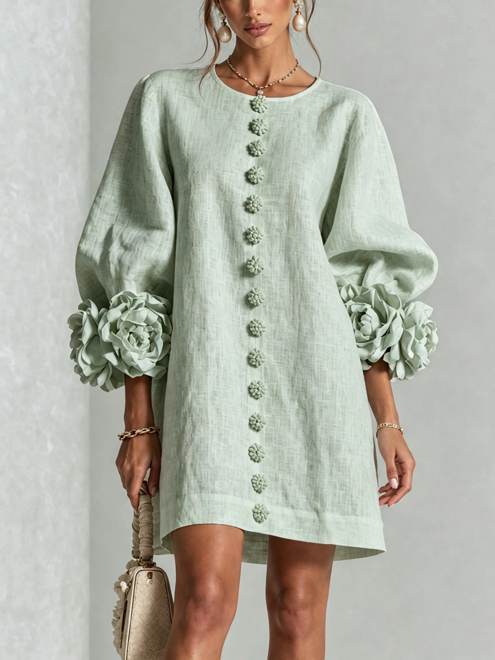 Sage Mist Floral Button-down Mini Dress With Striking Floral Cuffs