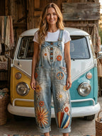 Women's Retro Style Art Print Washed Cotton Denim Patchwork Jumpsuit