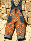 Women's Retro Style Print Washed Cotton Denim Patchwork Jumpsuit