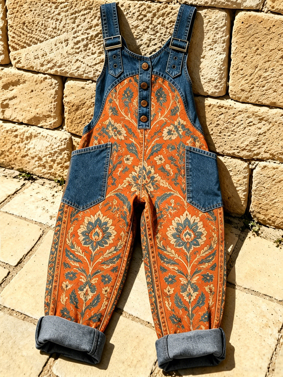 Women's Retro Style Print Washed Cotton Denim Patchwork Jumpsuit