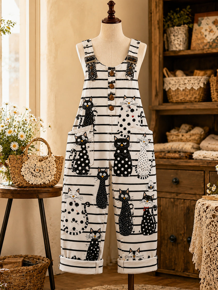 Women's Retro Style Art Print Washed Cotton Denim Patchwork Jumpsuit