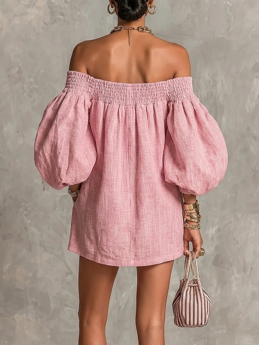 Pink Off-shoulder Lantern Sleeve A-line Loose Mini Dress
